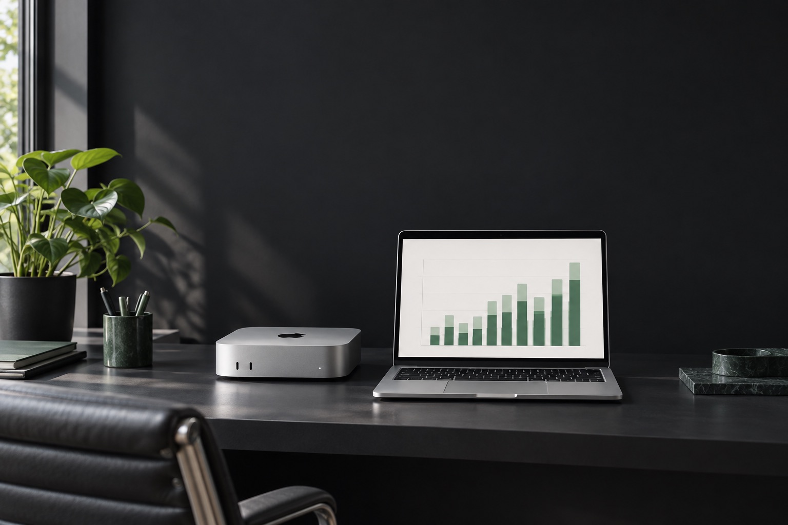Illustration of a compact desktop computer beside a laptop displaying a business report